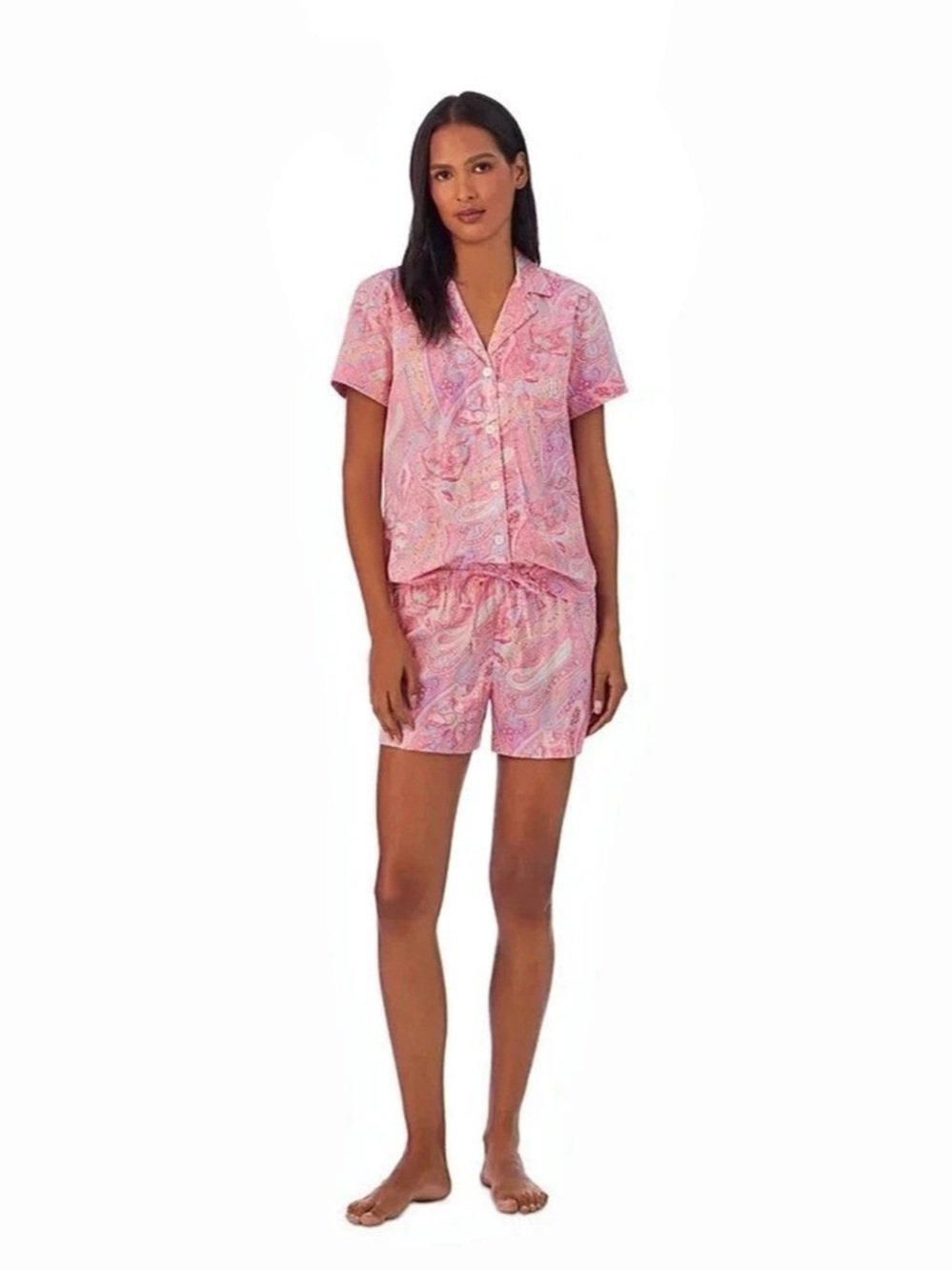 Lauren Ralph Lauren Knit Notch Collar Bermuda PJ Set Pink Paisley Short Sleeve S